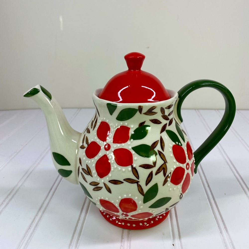 Dutch Wax ceramic red & green floral teapot